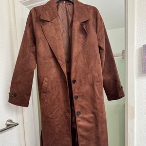 Casual Loose Retro Solid Chocolate color belted microfiber coat